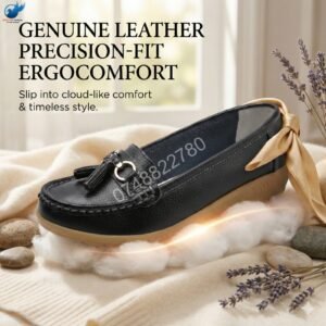 Genuine Cowhide Leather Precision-Fit ErgoComfort Ladies Slip-on Mocassins - Black