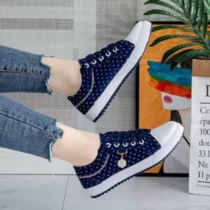 Nova Dot Walkers – Women’s Casual Polka Dot Canvas Sneakers - Dark Navy Blue