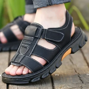 TitanGrip Italian-Style Pure Leather Trek Men Sandals - Black